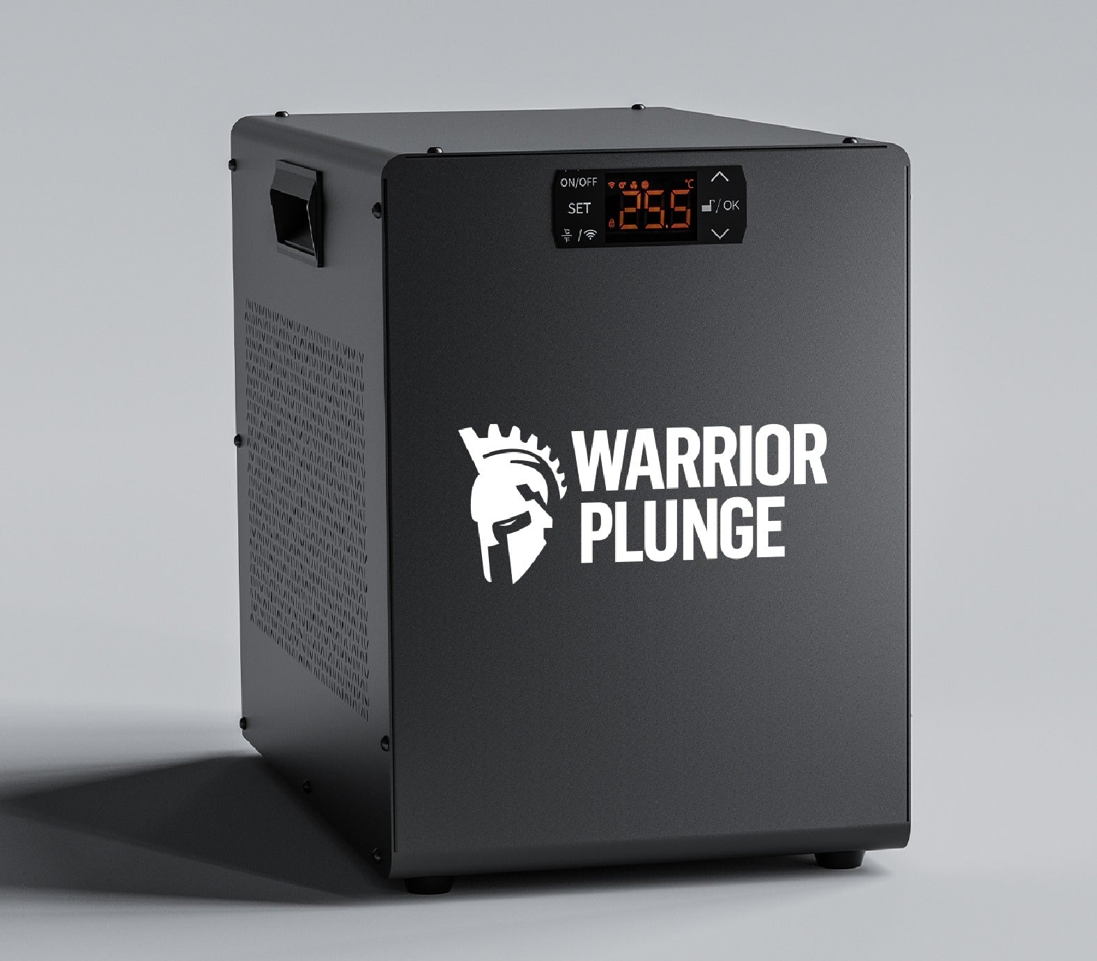 Black rectangular device with 'Warrior Plunge' logo on a gray background